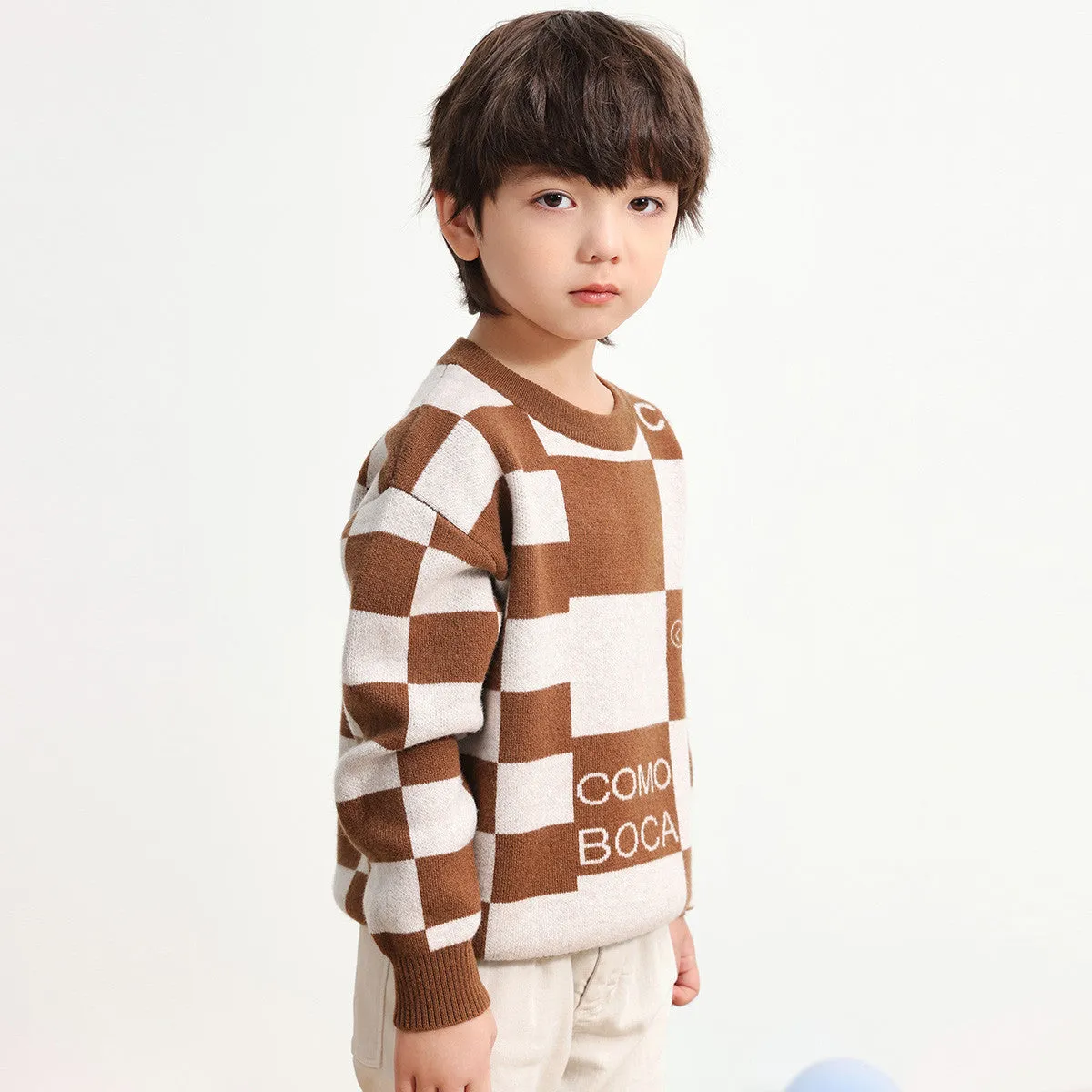 100% Wool Kids Color Block Round Neck Sweater