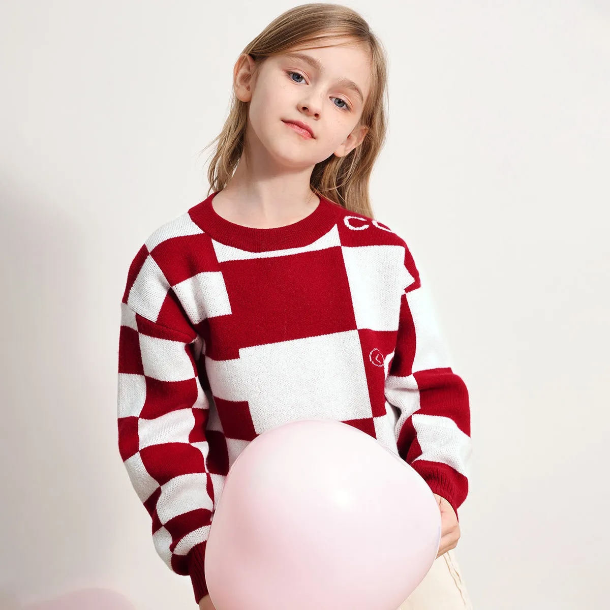 100% Wool Kids Color Block Round Neck Sweater