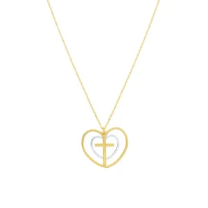 14K Two Tone Double Heart and Cross Necklace