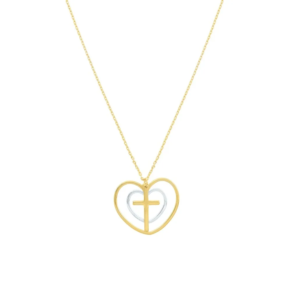 14K Two Tone Double Heart and Cross Necklace