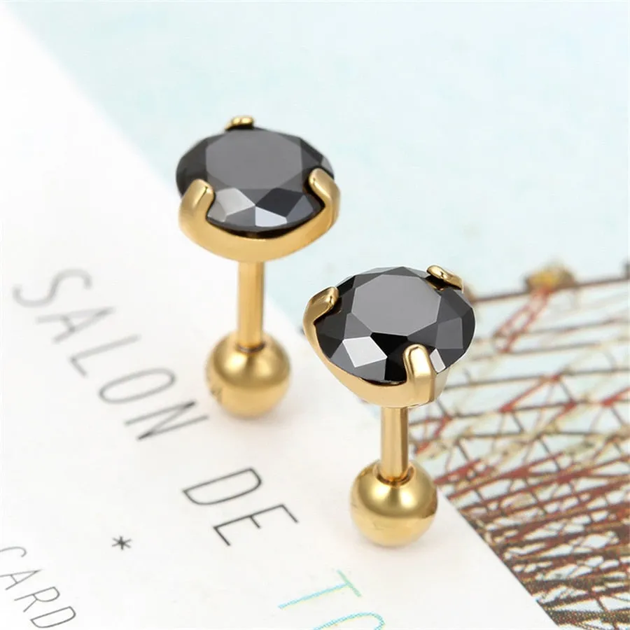 3 Pairs 7mm Round Black Cubic Zirconia Stainless Steel Vintage Stud Earrings