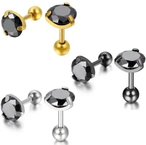 3 Pairs 7mm Round Black Cubic Zirconia Stainless Steel Vintage Stud Earrings