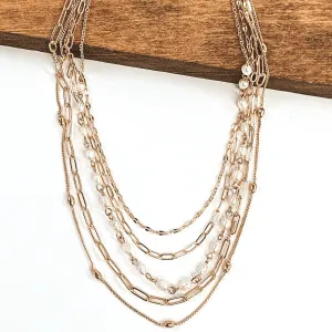 5 Strand Chain Necklace with Pearls in Gold