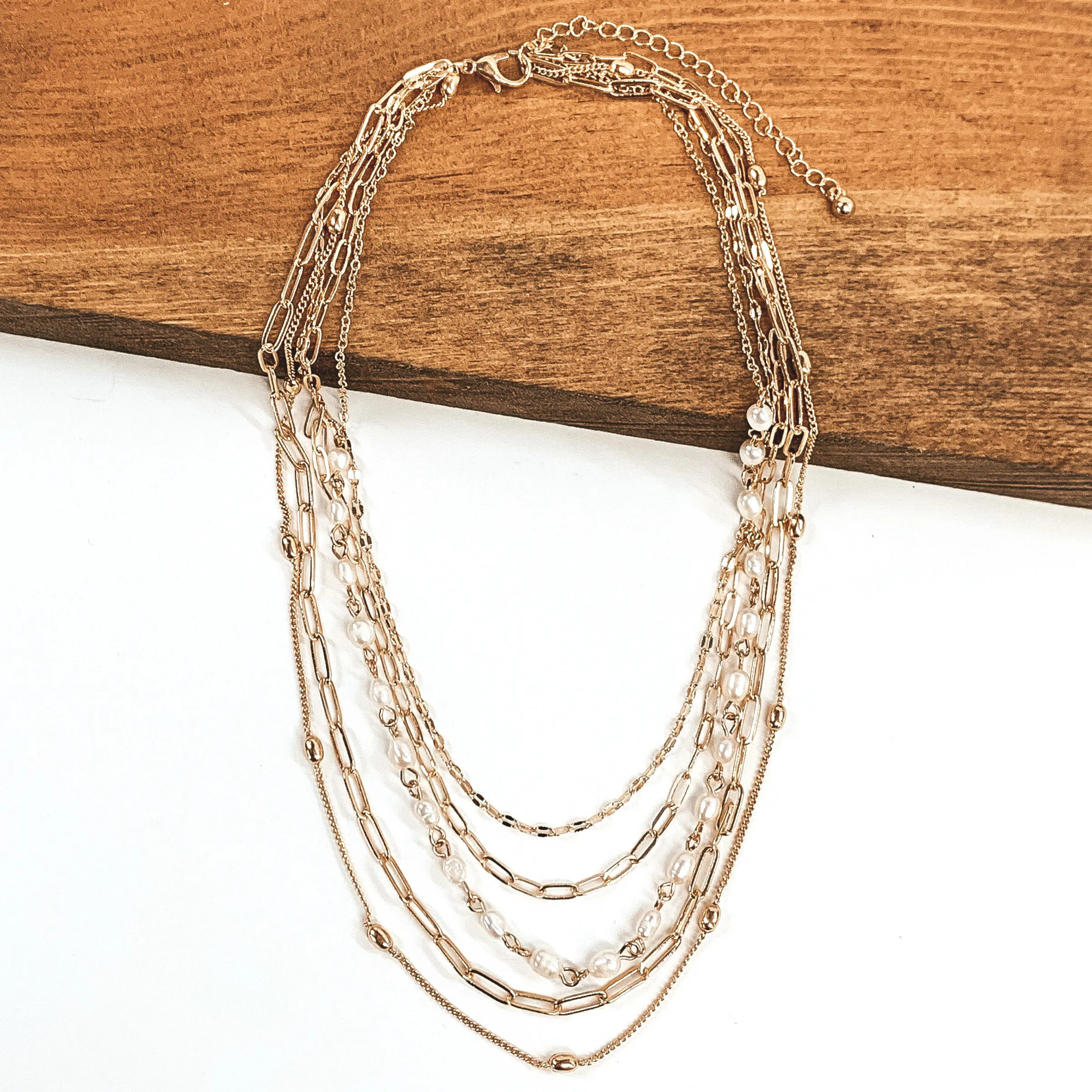 5 Strand Chain Necklace with Pearls in Gold