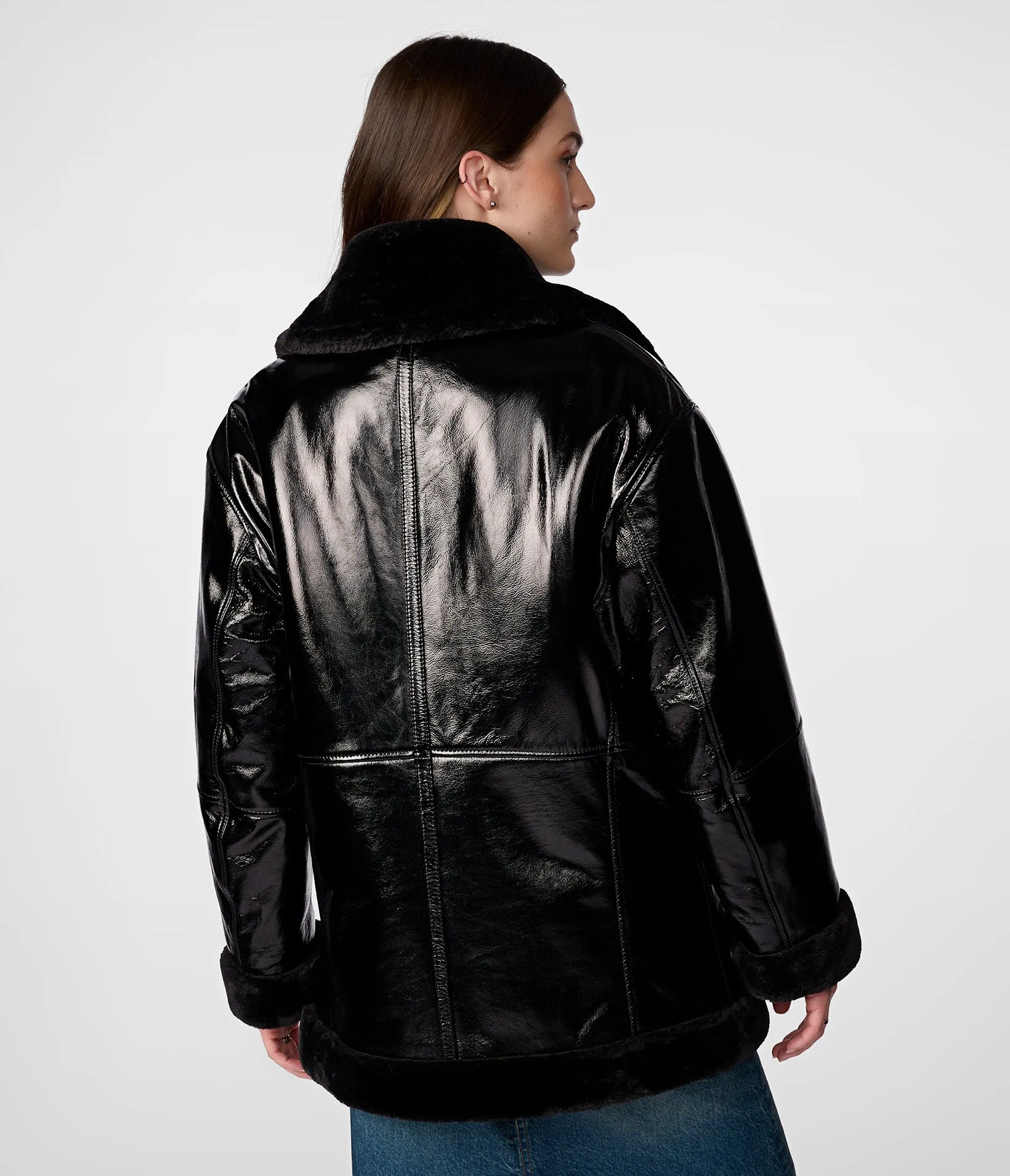 Alicia Shine Leather Oversized Moto Jacket