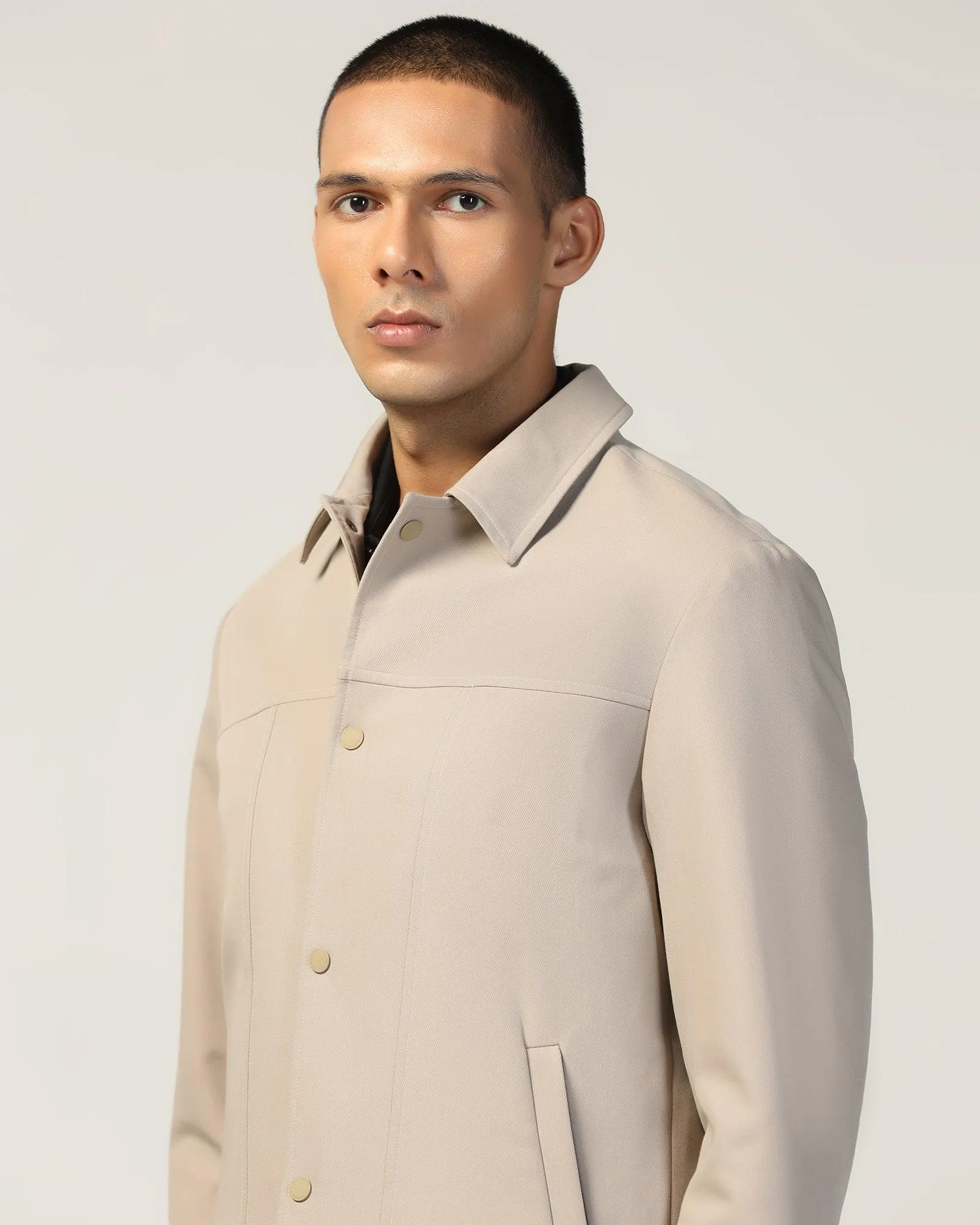 Beige Solid Trucker Jacket - Kushaq