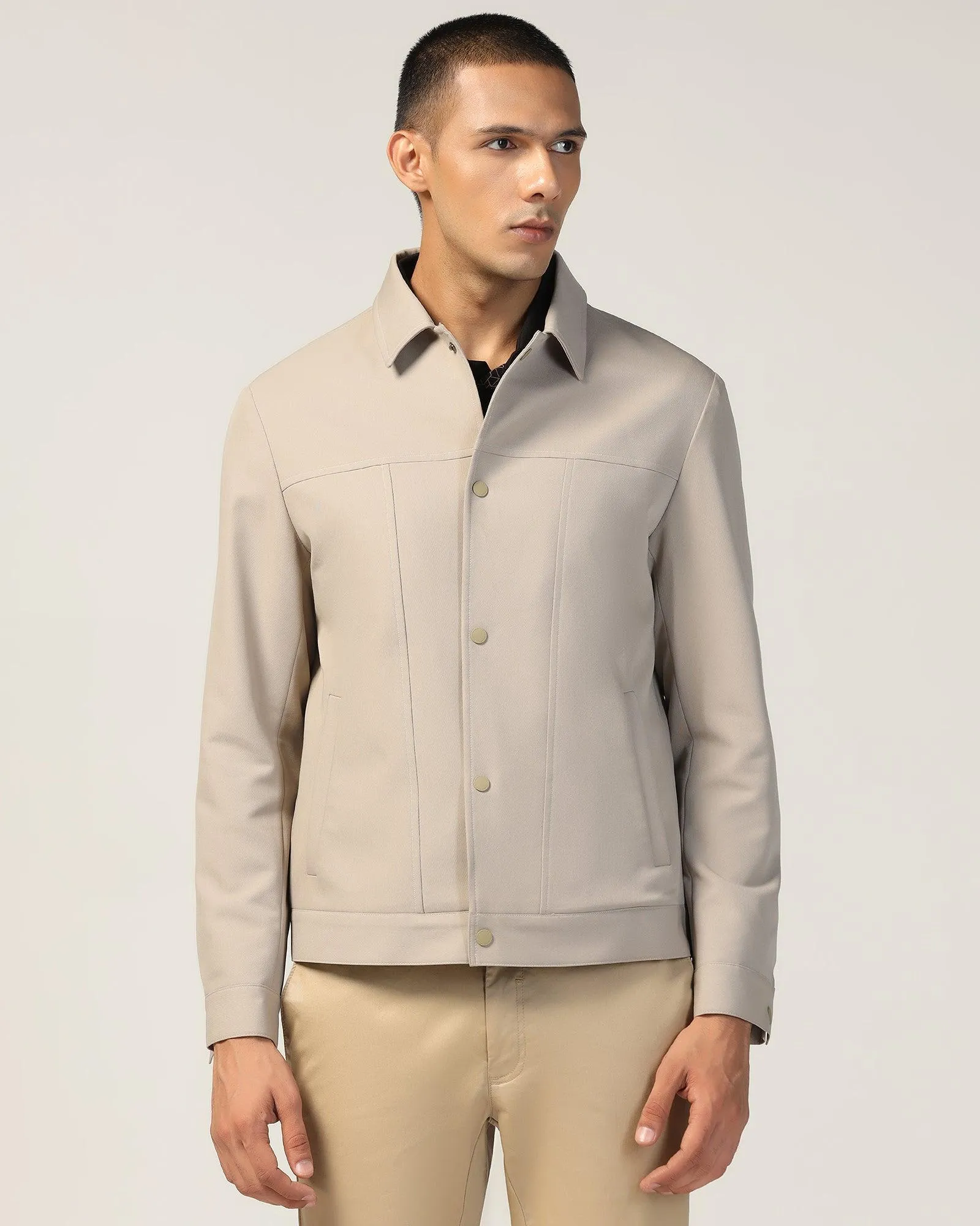 Beige Solid Trucker Jacket - Kushaq