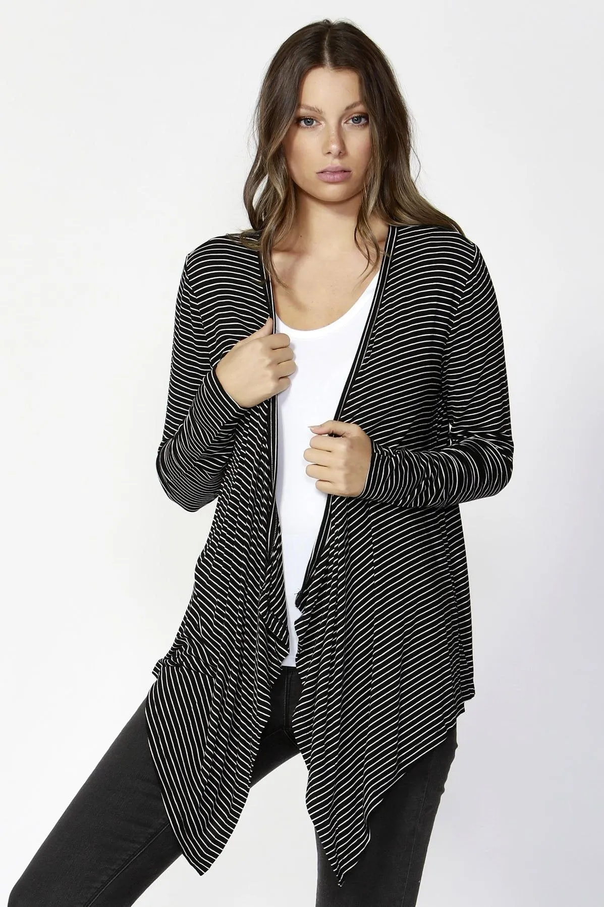 Betty Basics Melbourne Cardigan in Black White Stripe