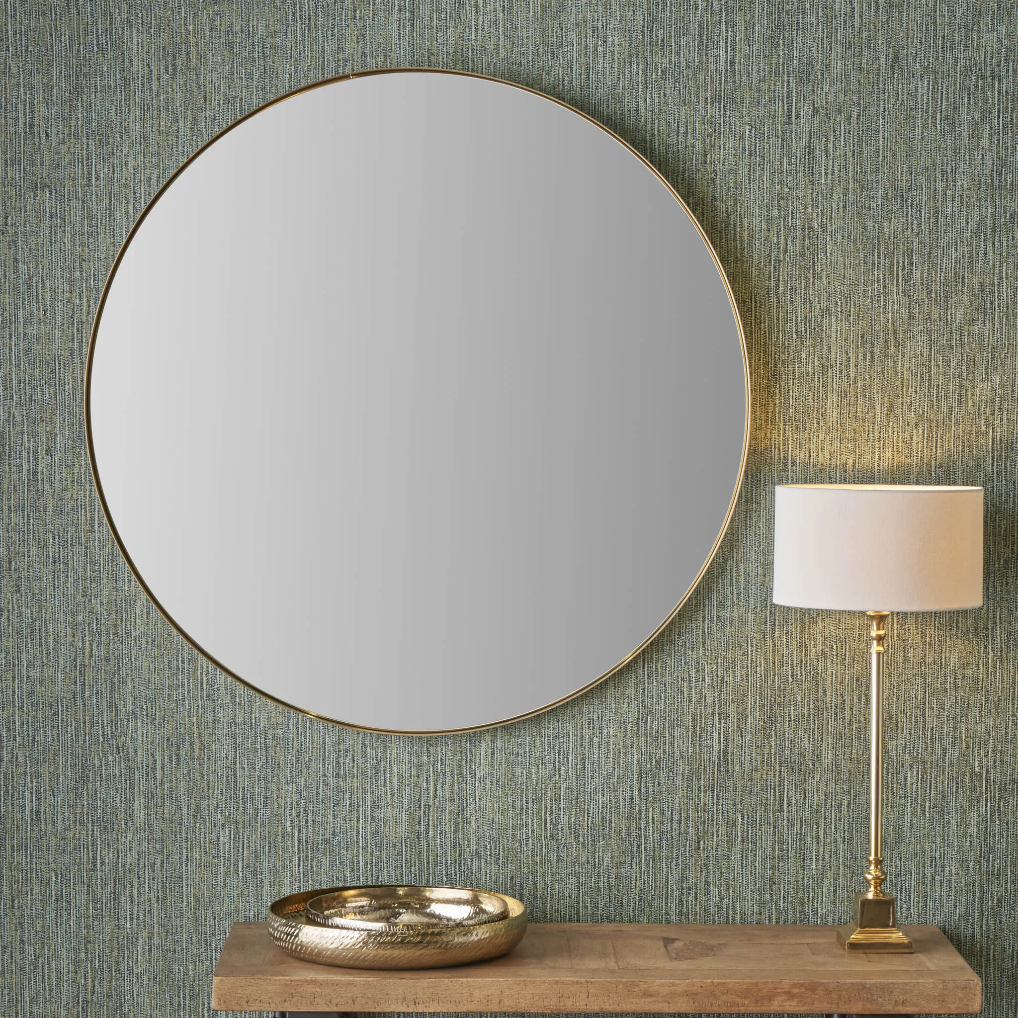 Brushed Gold Metal Slim Frame Round Wall Mirror Large