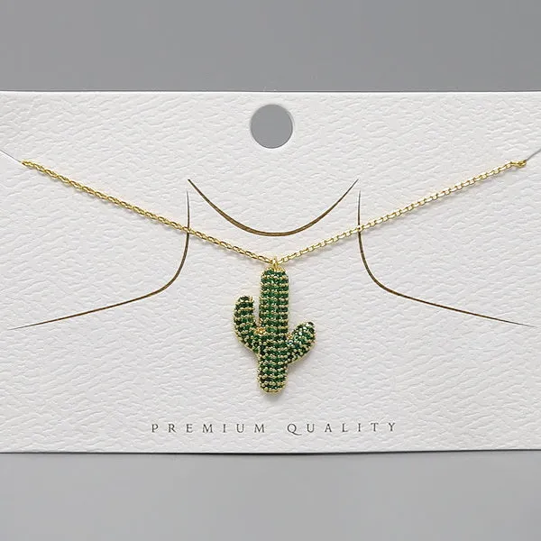 Cactus CZ Pave Pendant Gold Dipped Chain Short Necklace