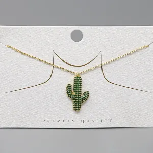 Cactus CZ Pave Pendant Gold Dipped Chain Short Necklace