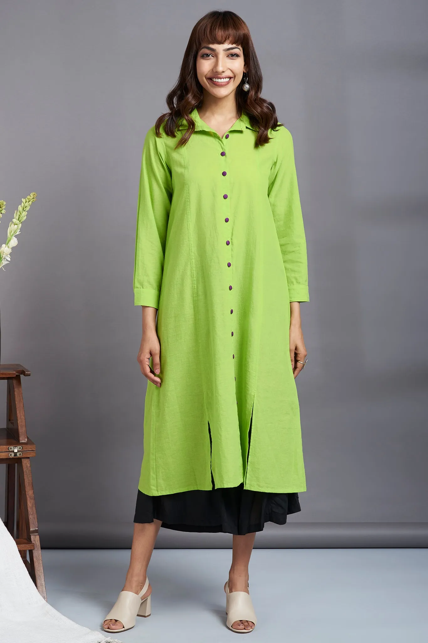 chartreuse lime - long cotton shirt dress with front buttons