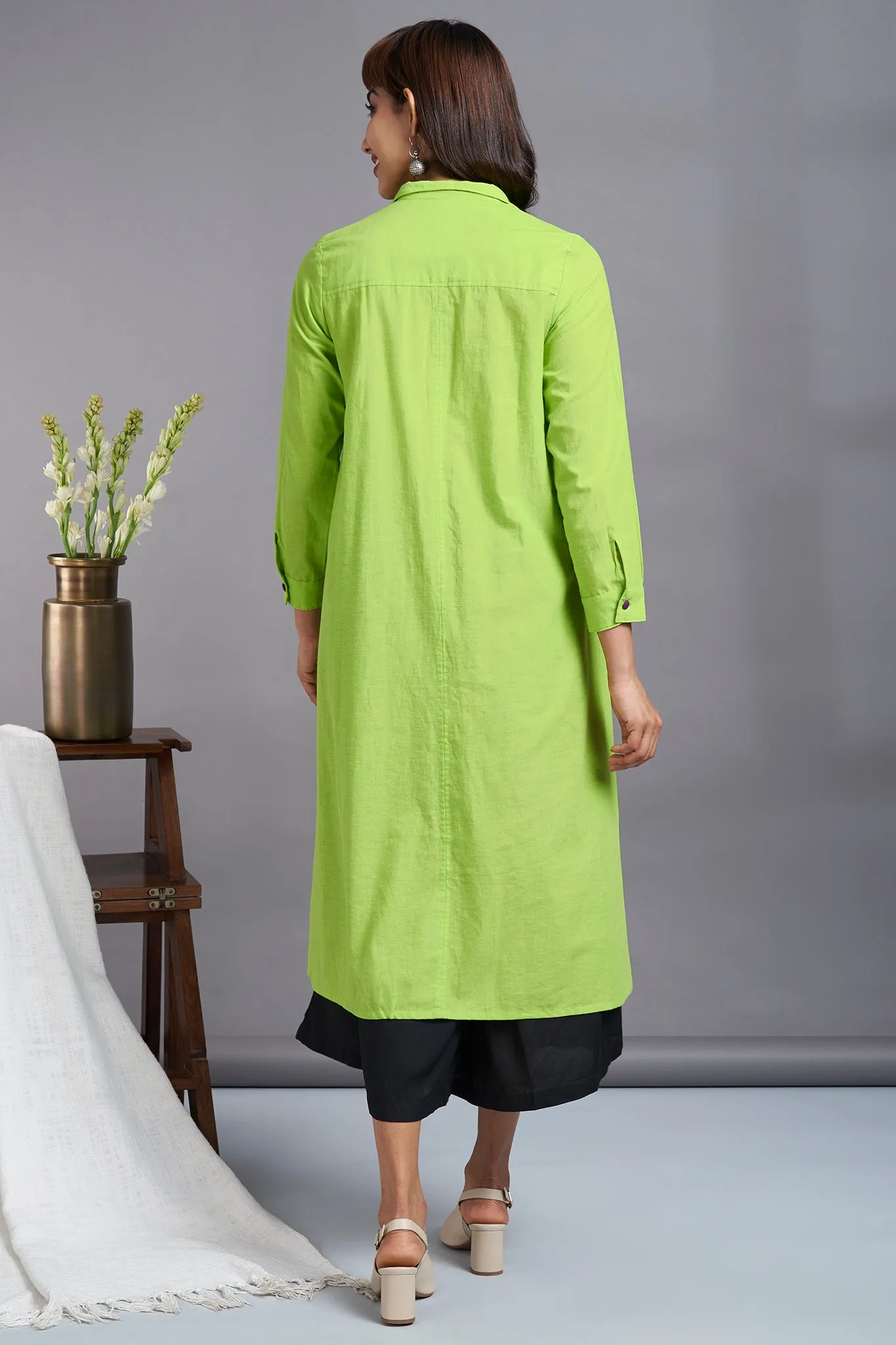 chartreuse lime - long cotton shirt dress with front buttons