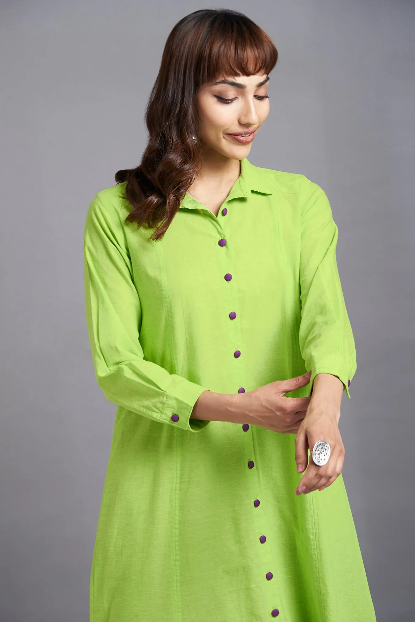 chartreuse lime - long cotton shirt dress with front buttons