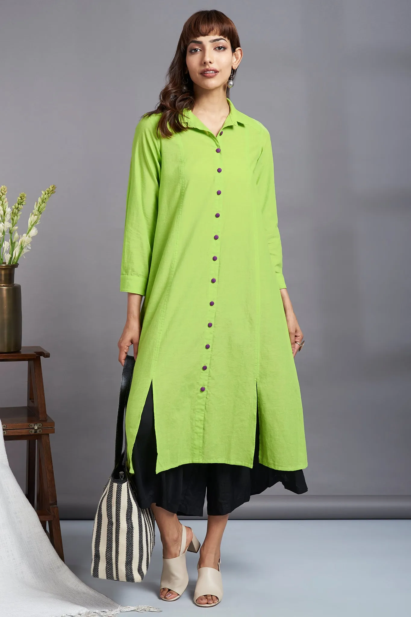 chartreuse lime - long cotton shirt dress with front buttons