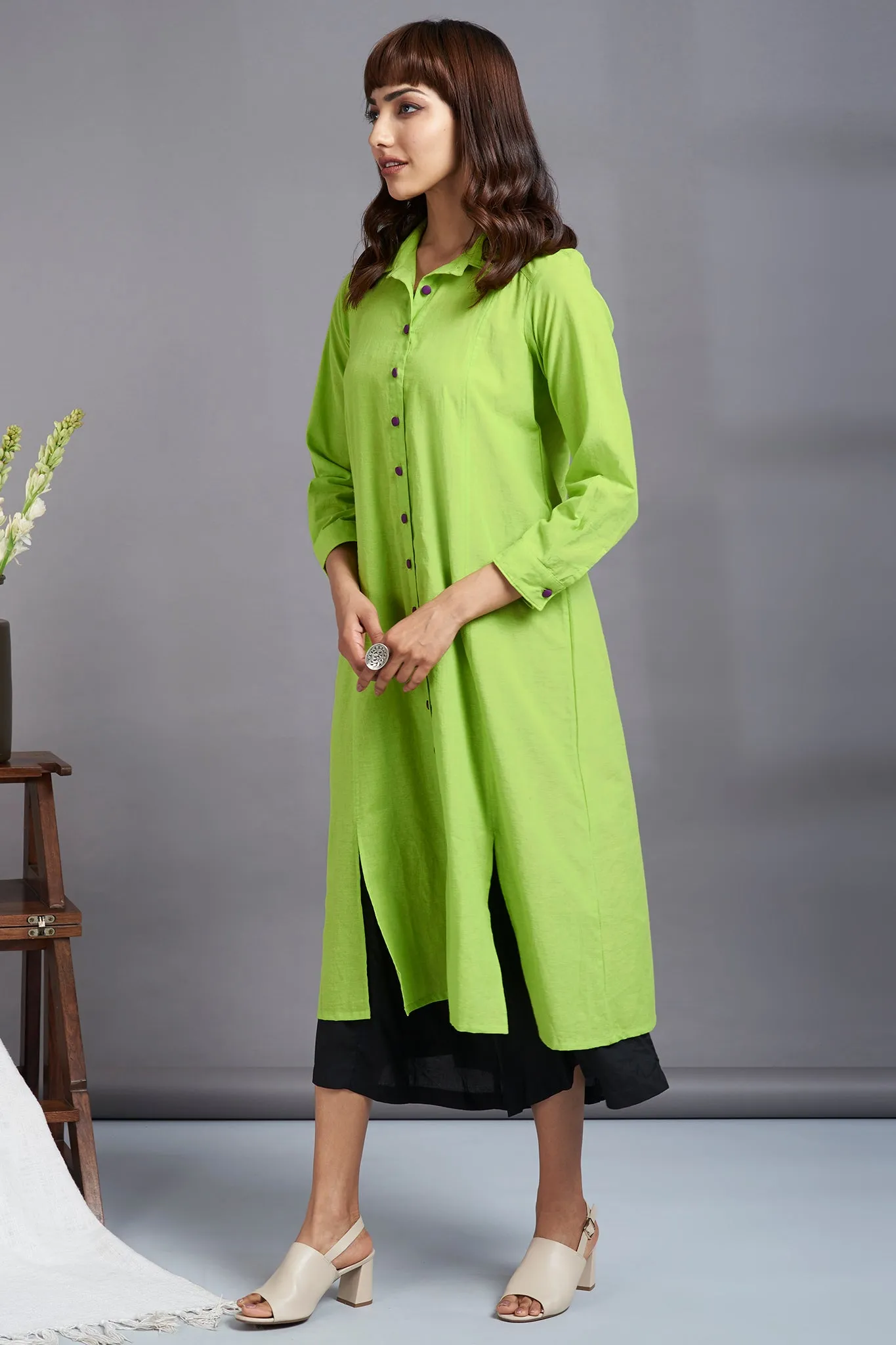 chartreuse lime - long cotton shirt dress with front buttons