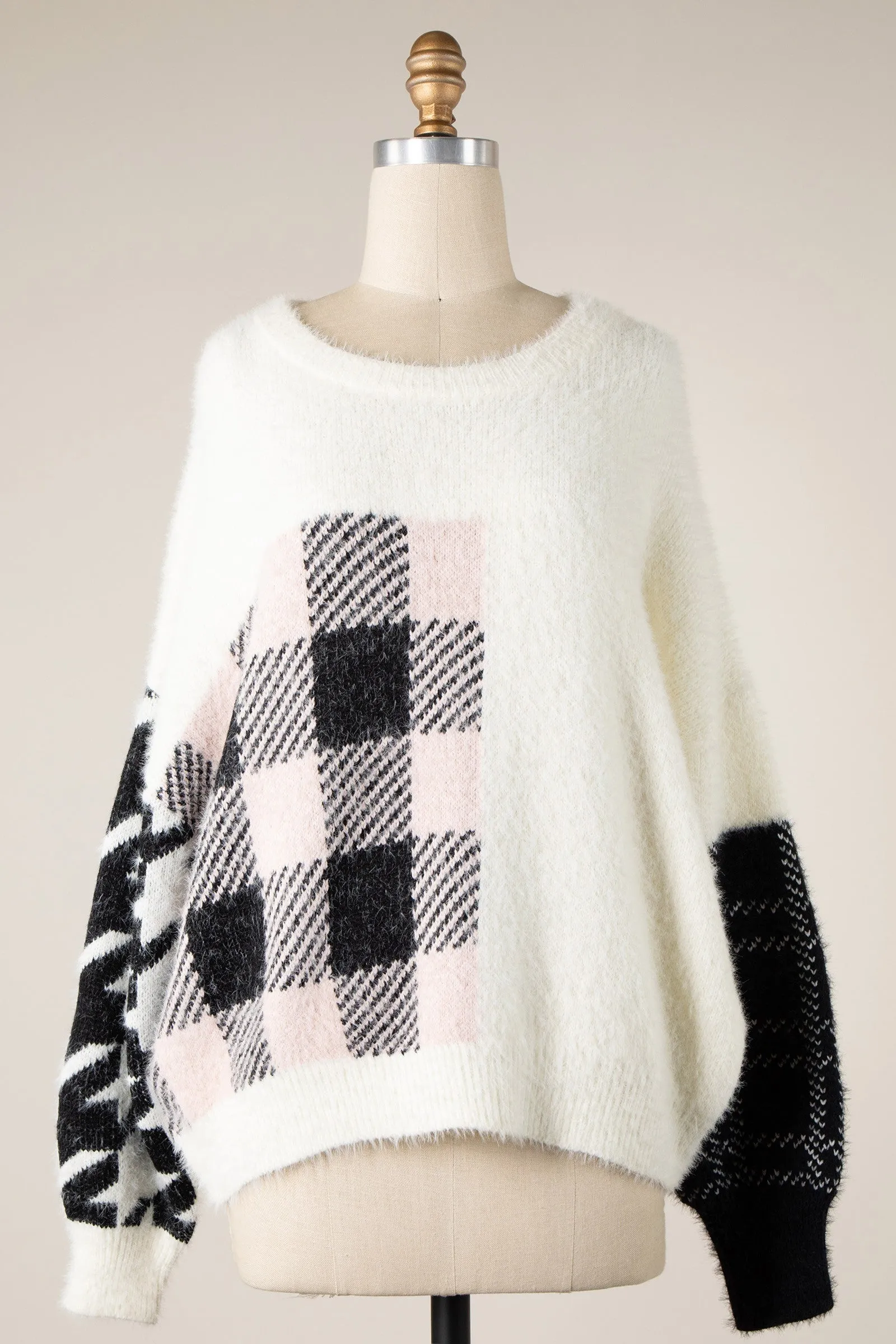 CHECKER AND HOUNDSTOOTH DETAIL SWEATER 1 PACK