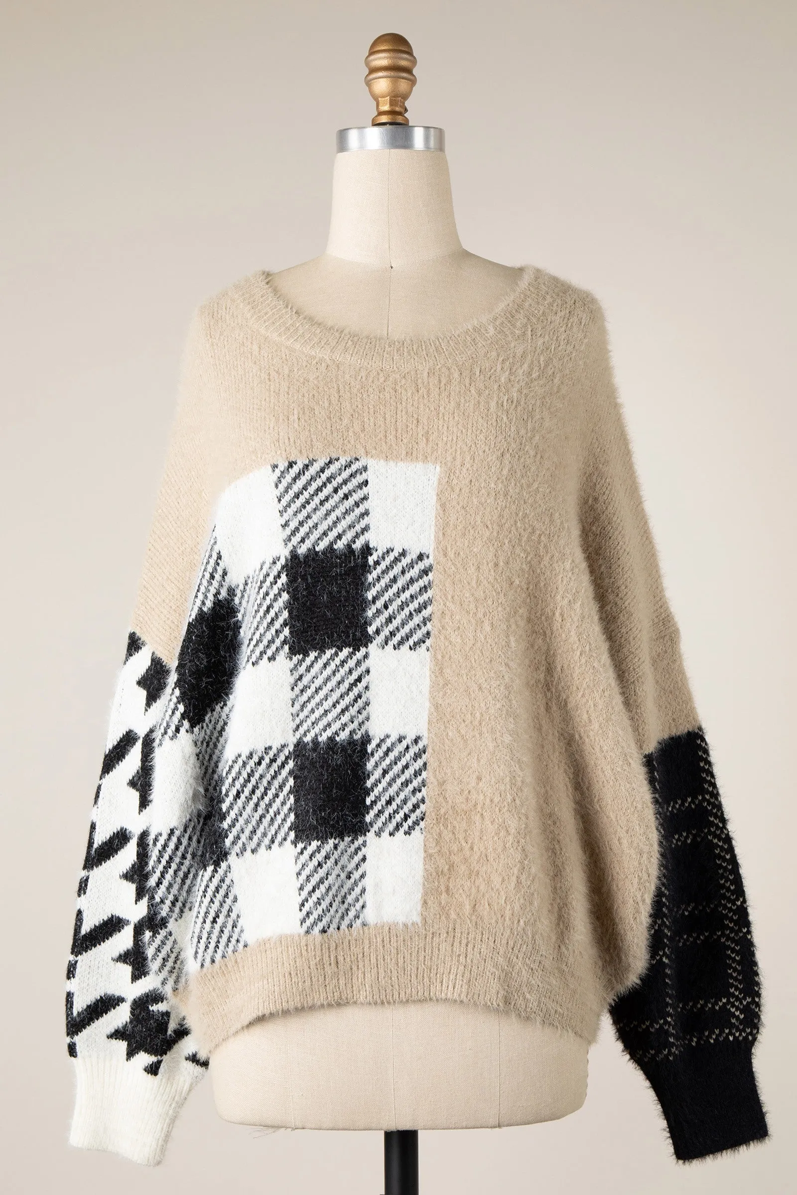 CHECKER AND HOUNDSTOOTH DETAIL SWEATER 1 PACK