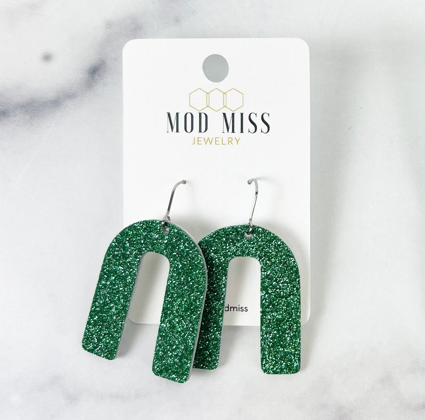 Cork Leather Arch Earring Fine Glitter Olive Green