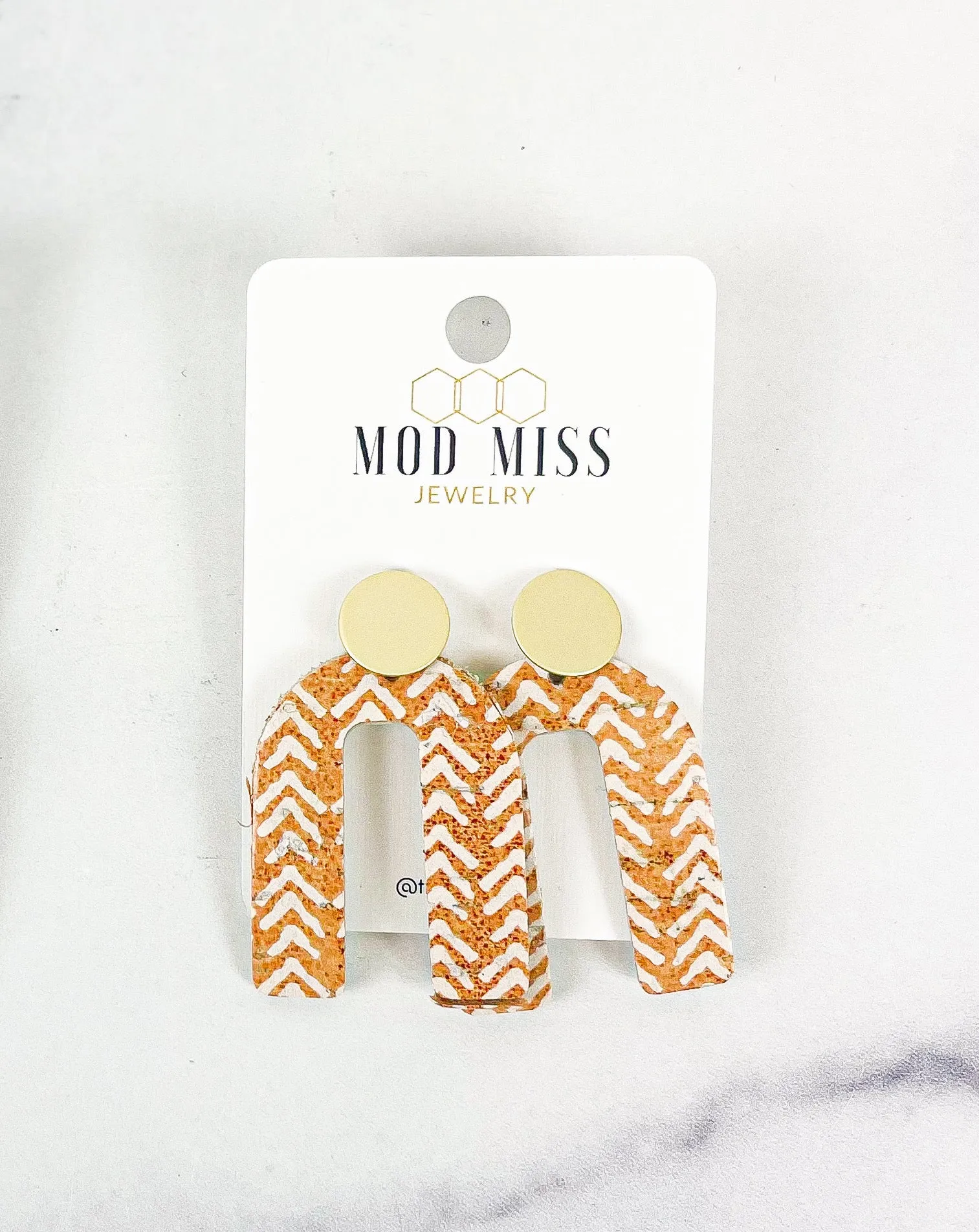 Cork Leather Arch Earring Mustard Chevron