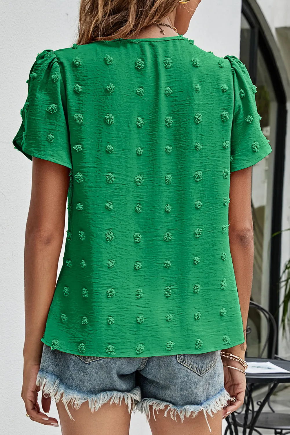 Dark Green Petal Sleeve Swiss Dot Jacquard Blouse