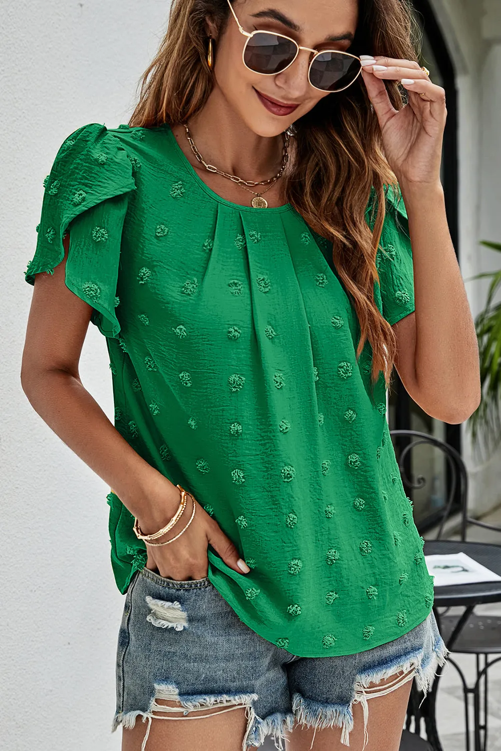 Dark Green Petal Sleeve Swiss Dot Jacquard Blouse