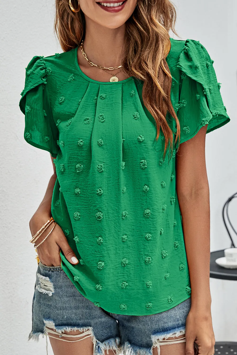 Dark Green Petal Sleeve Swiss Dot Jacquard Blouse