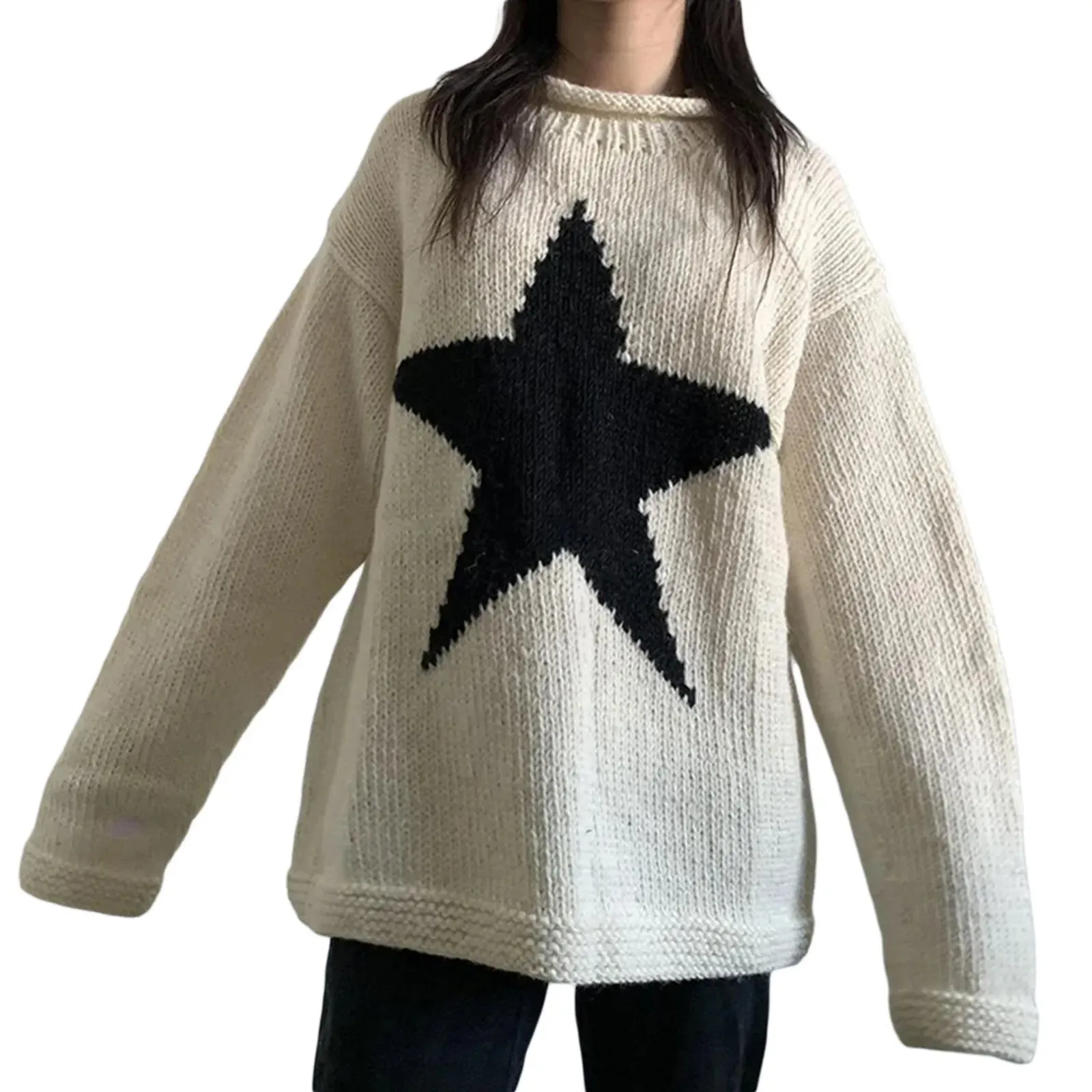 deanwangkt women loose knitted sweater Star Pattern Pullovers Ladies Round Collar Long Sleeve Knitwear Jumpers Y2k Clothes Streetwear