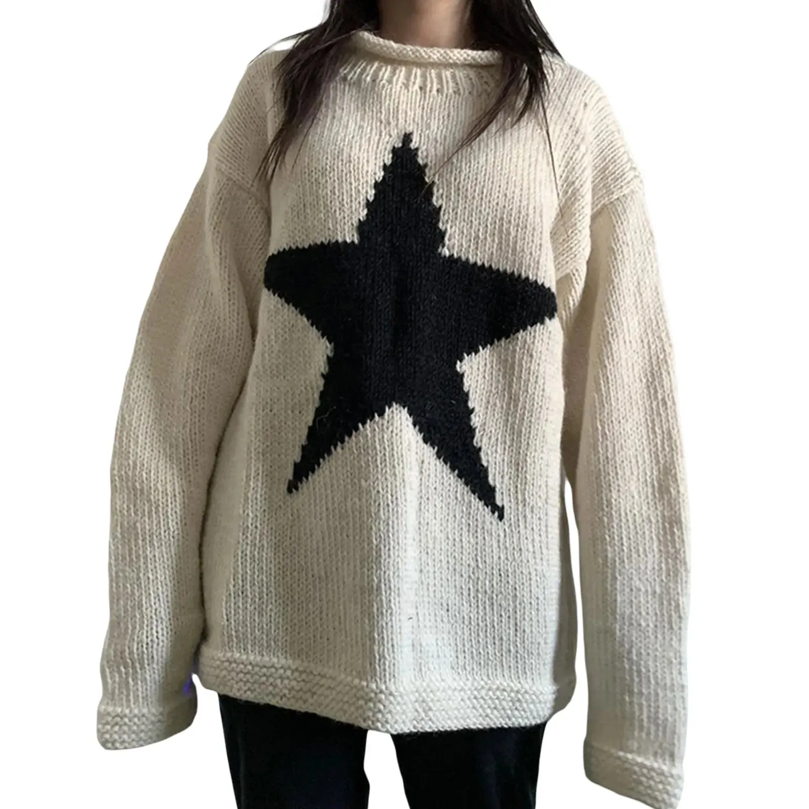 deanwangkt women loose knitted sweater Star Pattern Pullovers Ladies Round Collar Long Sleeve Knitwear Jumpers Y2k Clothes Streetwear