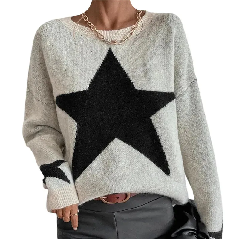 deanwangkt women loose knitted sweater Star Pattern Pullovers Ladies Round Collar Long Sleeve Knitwear Jumpers Y2k Clothes Streetwear