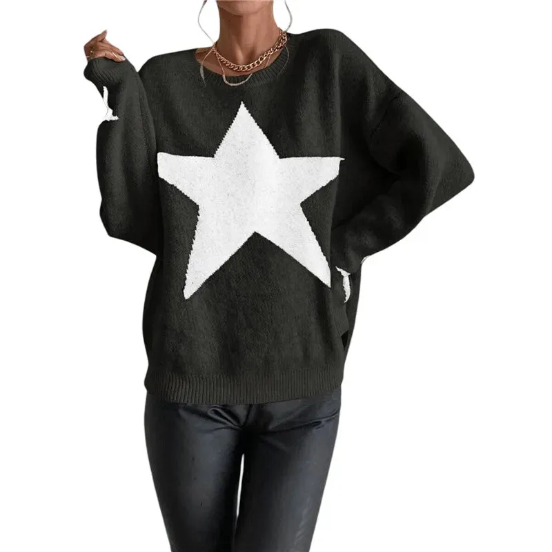 deanwangkt women loose knitted sweater Star Pattern Pullovers Ladies Round Collar Long Sleeve Knitwear Jumpers Y2k Clothes Streetwear