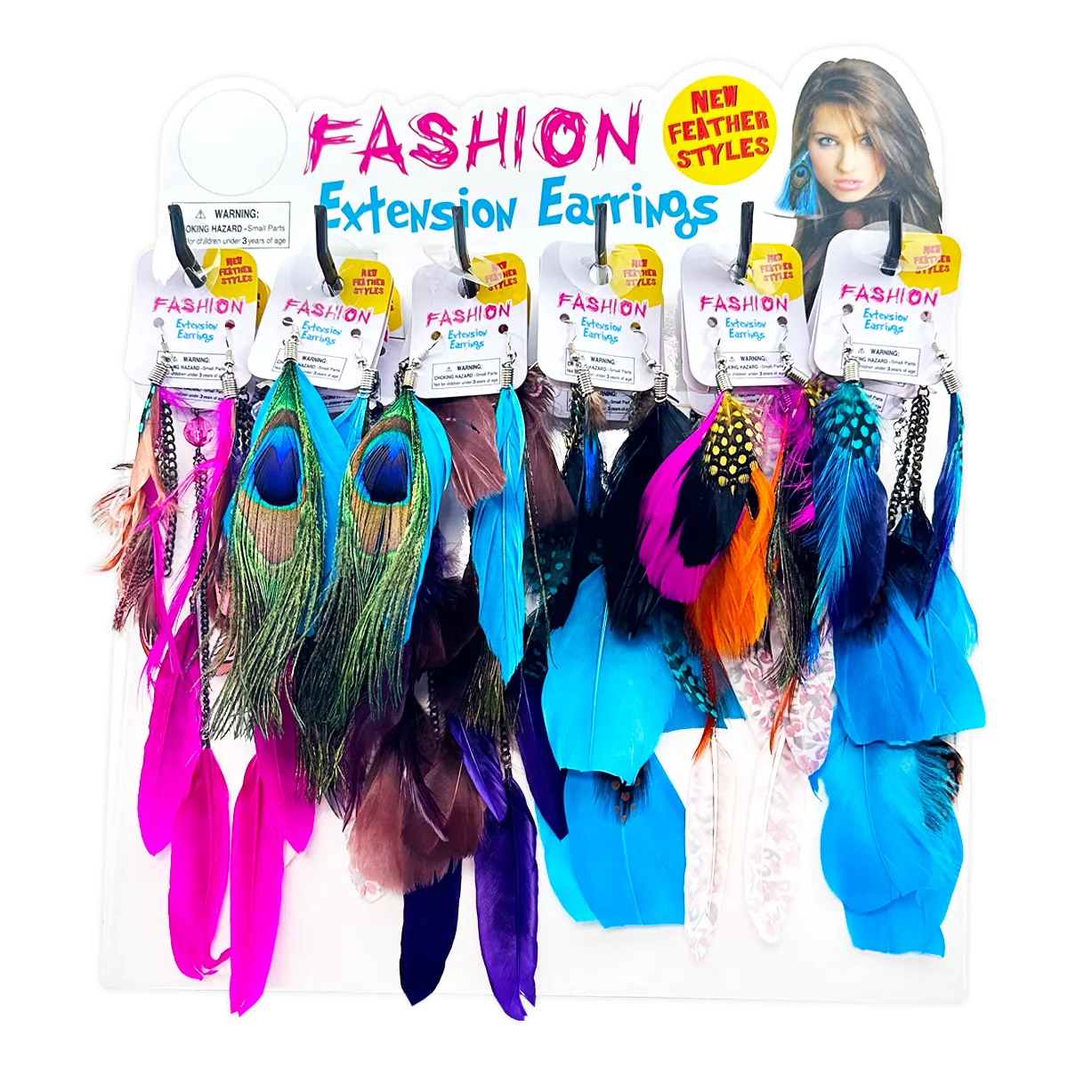 Fashion Extension Feather Earrings  - 18 Pieces Per Retail Ready Kit Display 28287