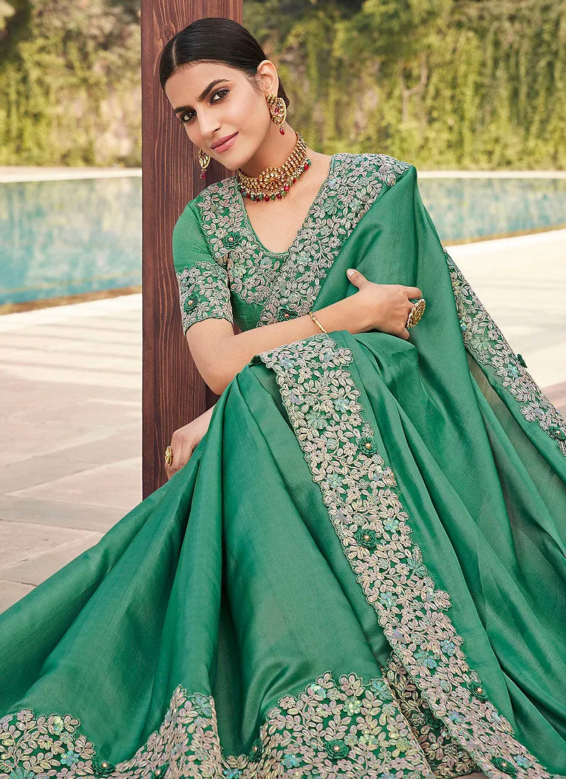 Green Embroidered Designer Silk Saree