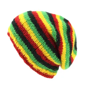 Hand Knitted Baggy Slouch Beanie Hat - Stripe Rasta