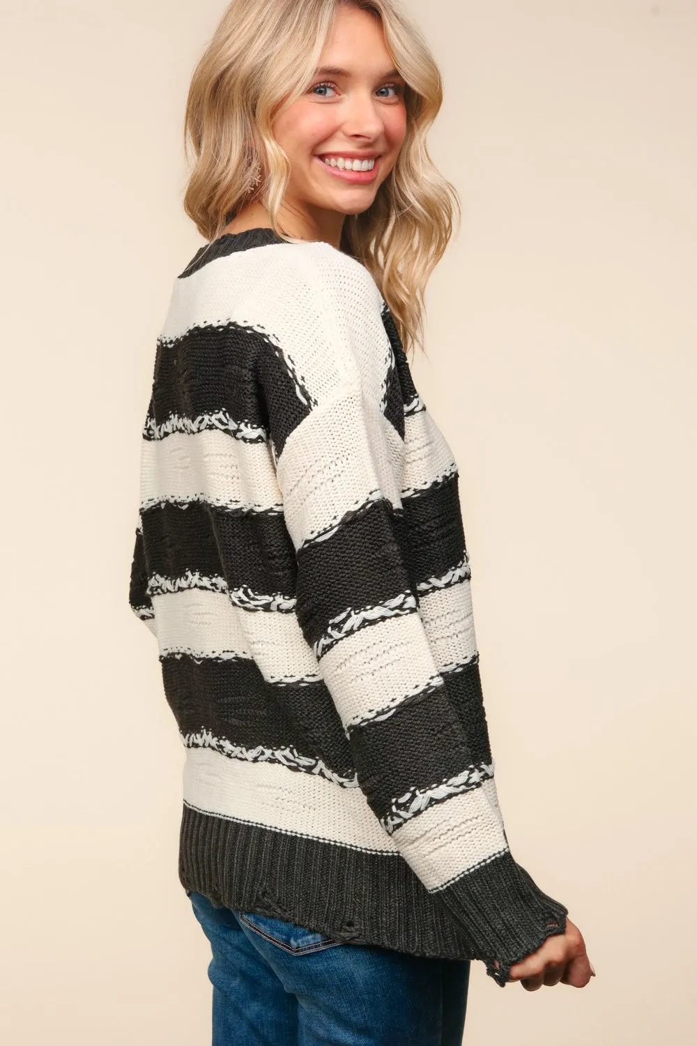 Haptics Striped Contrast Distressed Sweater