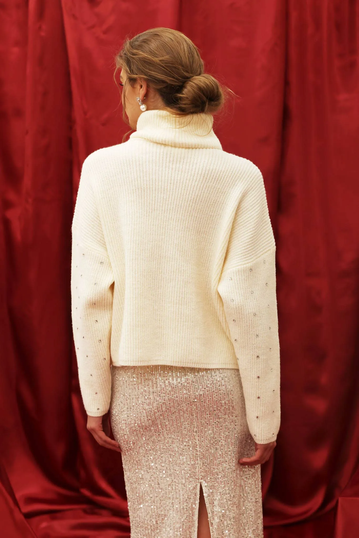 Ivory Rhinestone Embellished Turtleneck Sweater