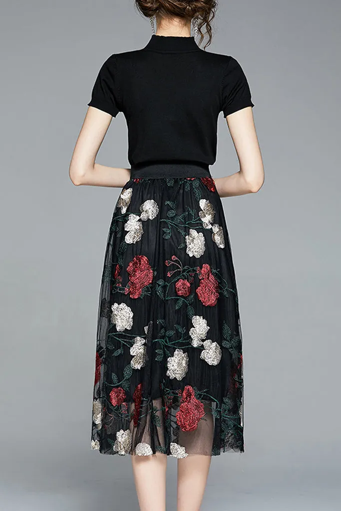 Knit T-shirt and Embroidered Tulle Skirt Two-piece Set