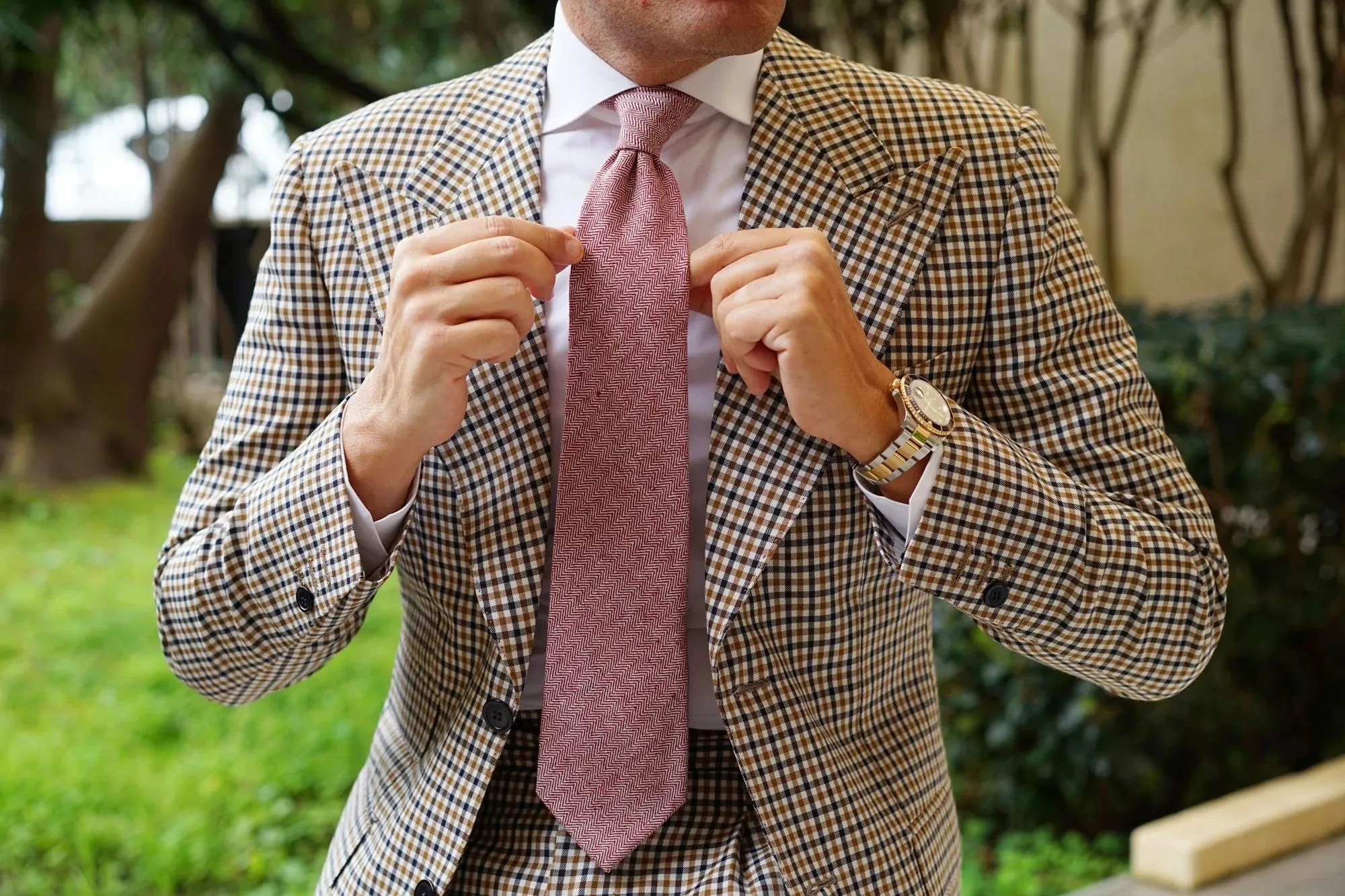 Linen Tie - Herringbone - Maroon & White