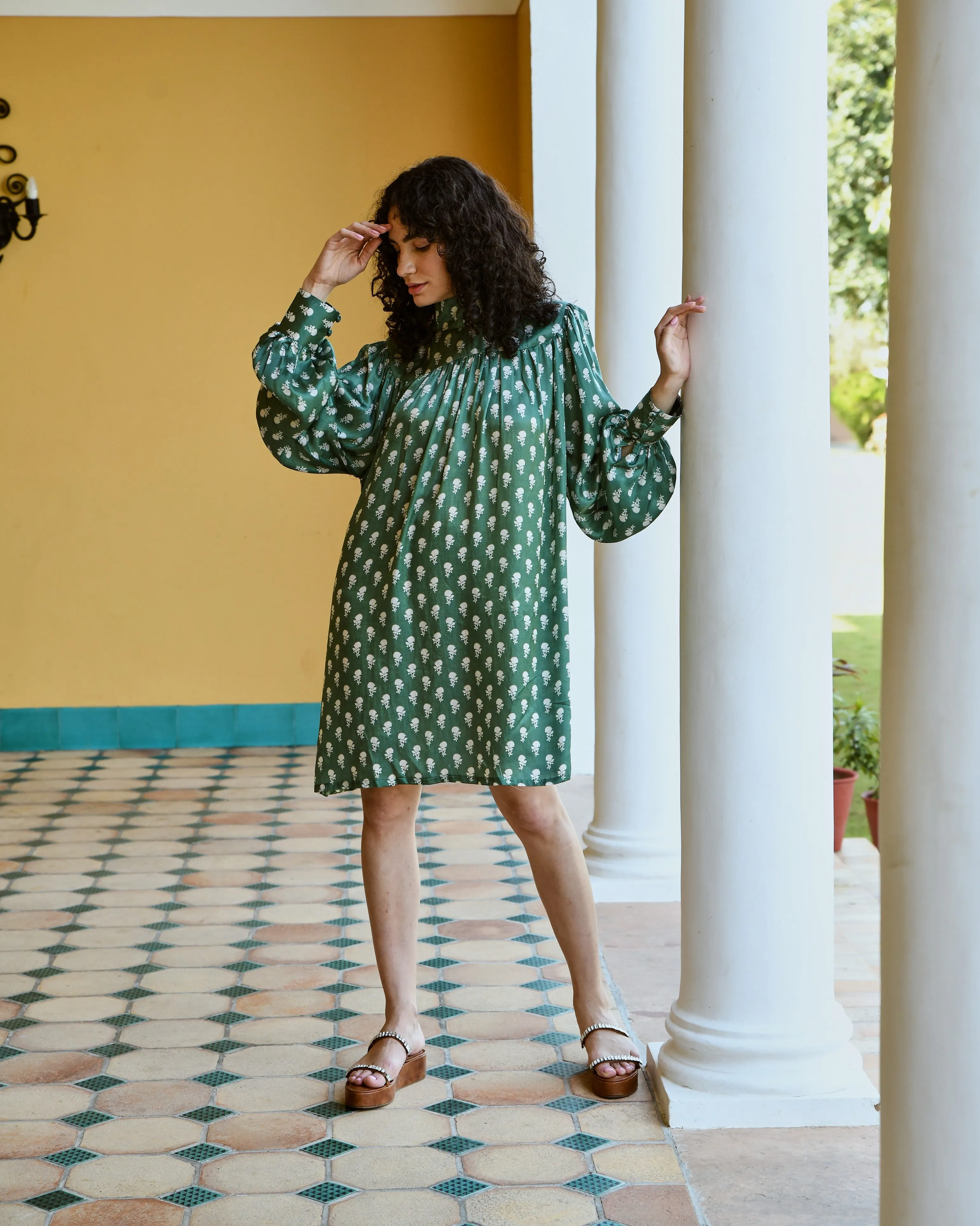 MAGNOLIA GREEN PRINTED TURTLENECK DRESS