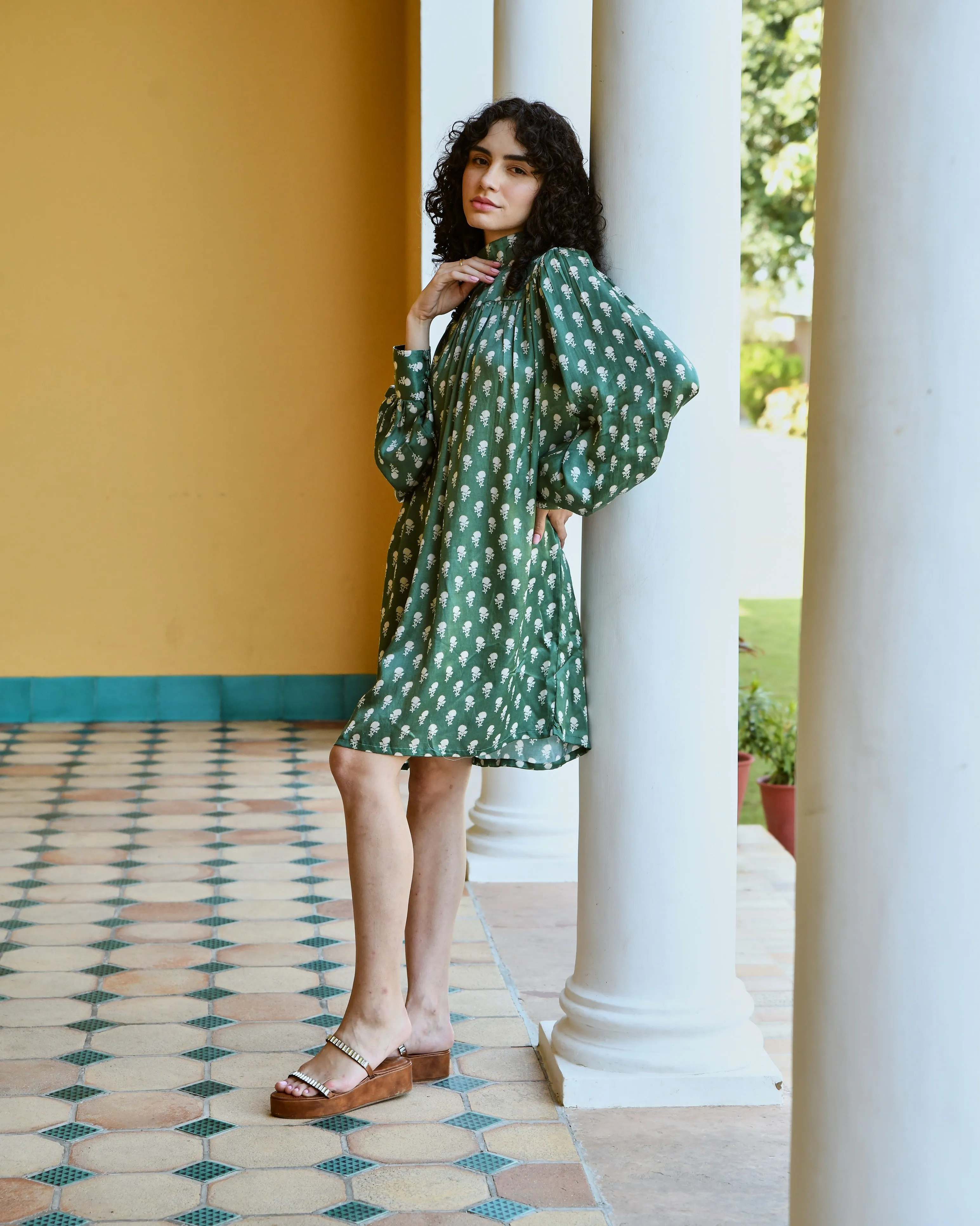 MAGNOLIA GREEN PRINTED TURTLENECK DRESS