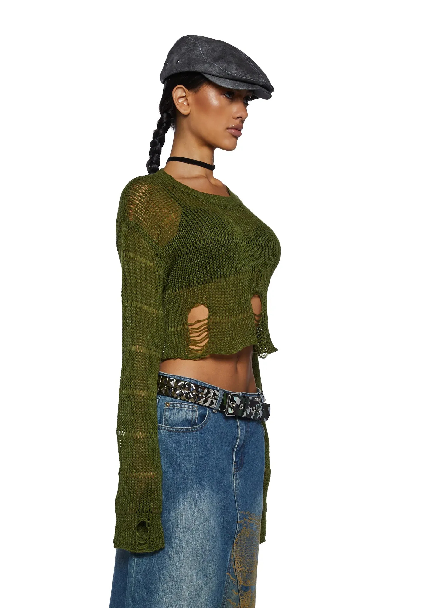 Melancholic Melody Crop Sweater - Olive