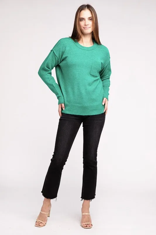 Melange Hi-Low Hem Round Neck Sweater