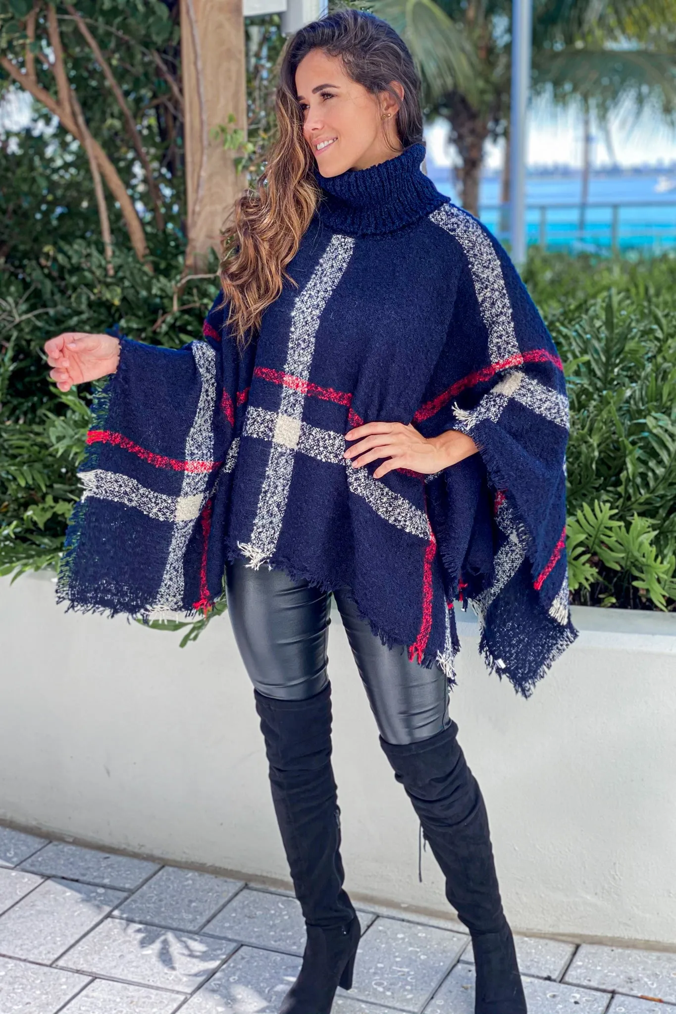 Navy Plaid Turtleneck Poncho