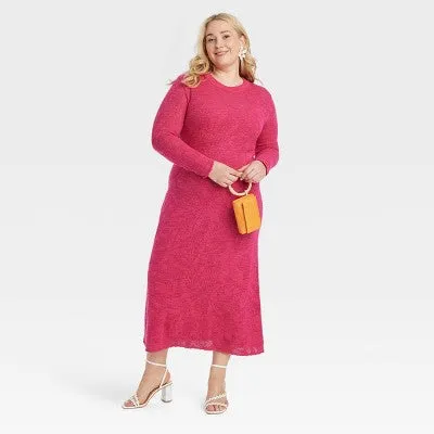 New - Women's Long Sleeve Maxi Pointelle Dress - A New Day Pink 2X