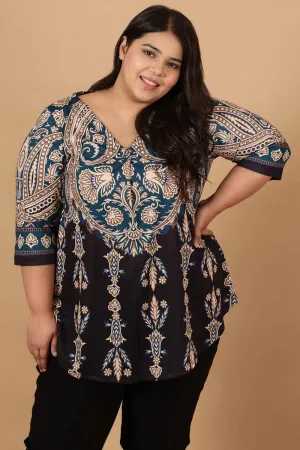 Plus Size Black Luxe Ethnic Print Centre Pleat Top