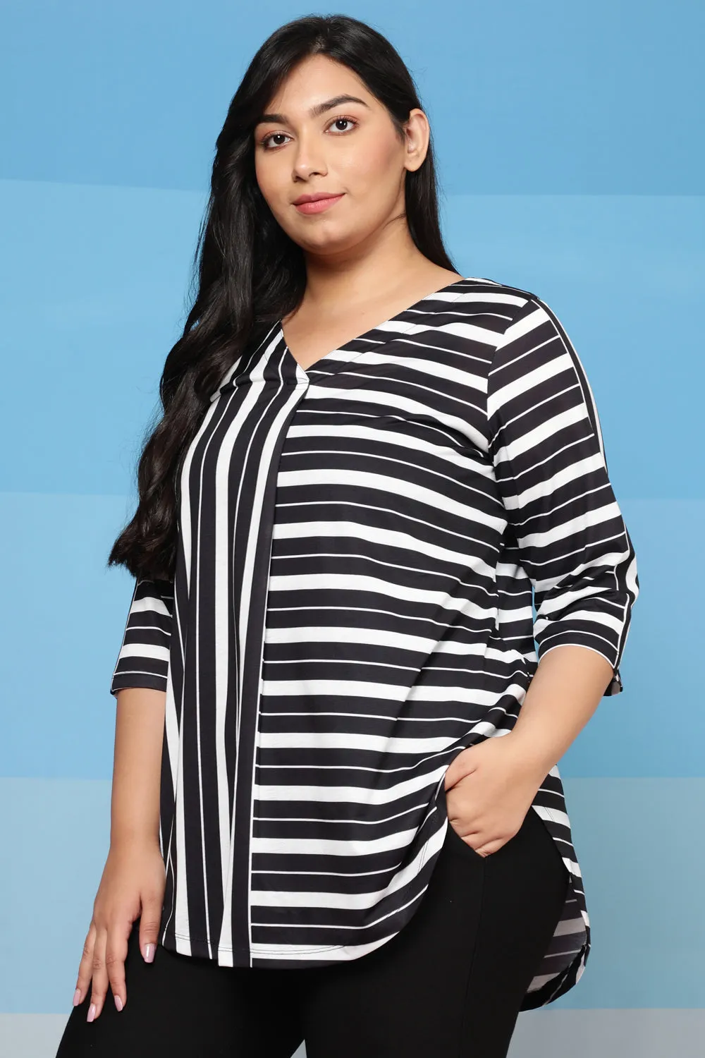 Plus Size Black Stripe Play Centre Pleat Top