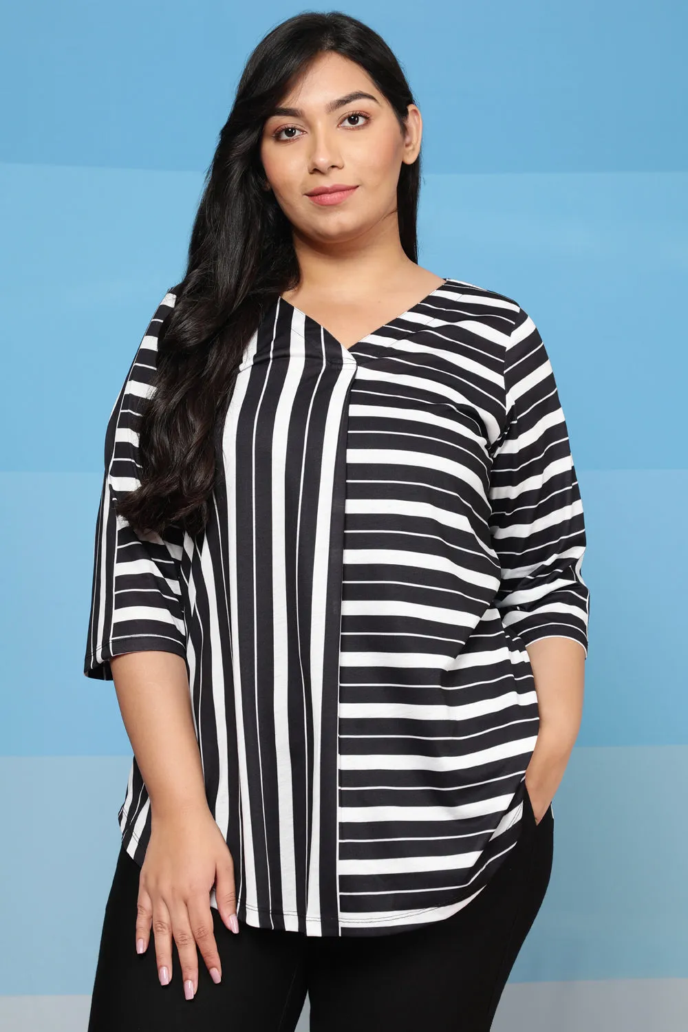 Plus Size Black Stripe Play Centre Pleat Top