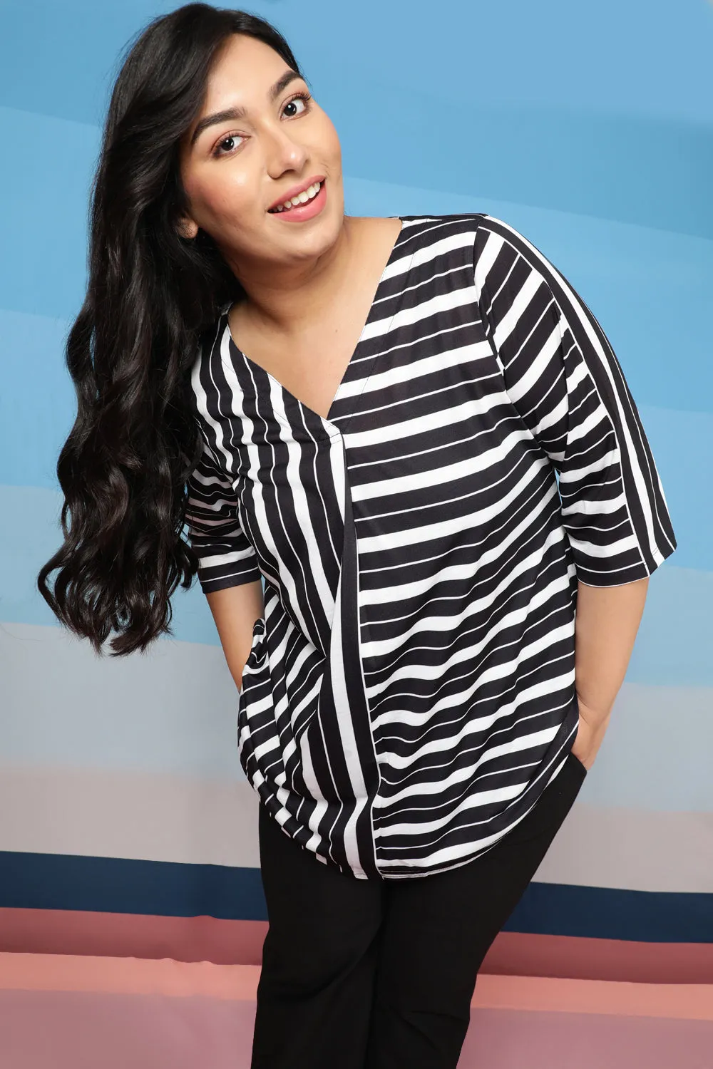 Plus Size Black Stripe Play Centre Pleat Top