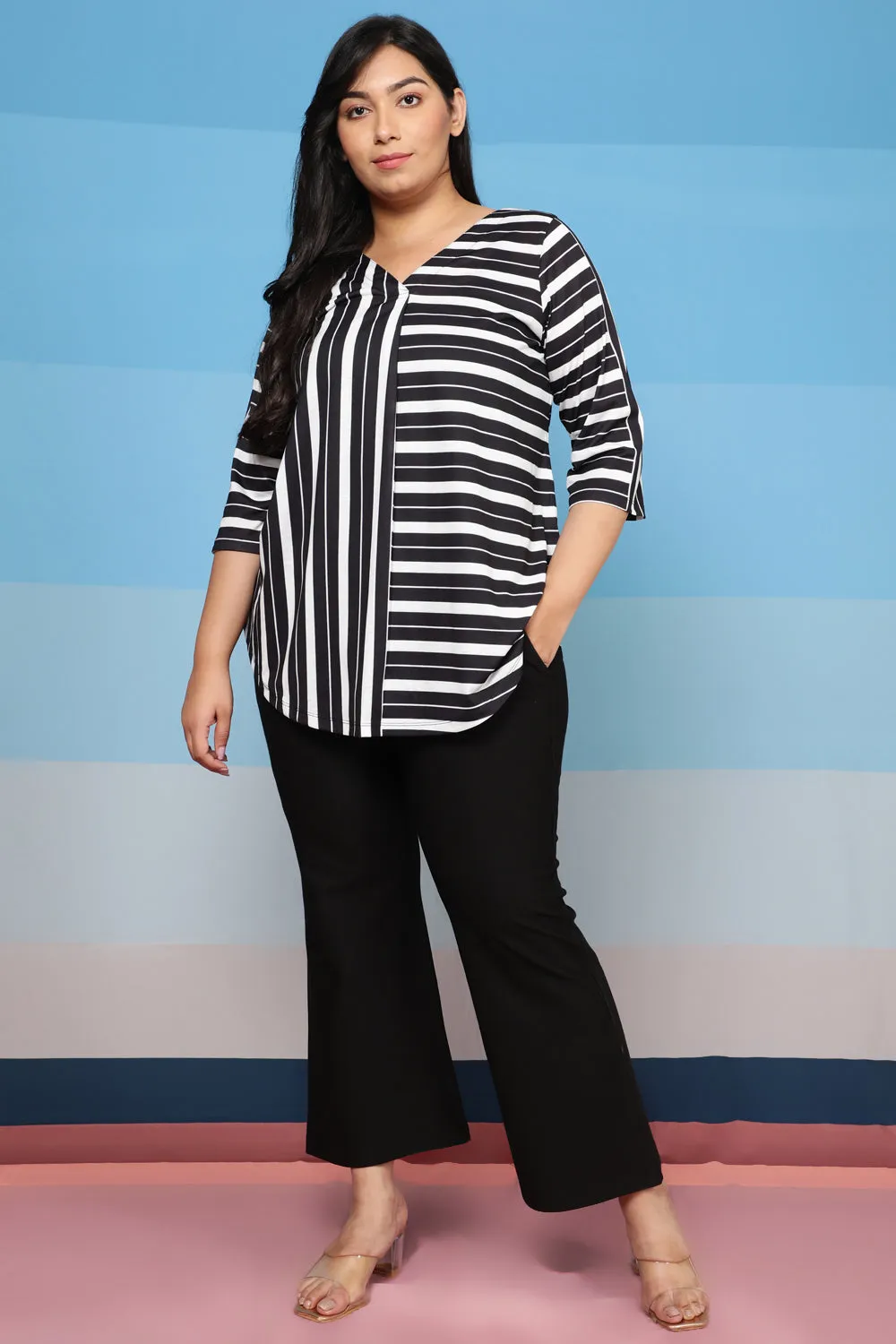 Plus Size Black Stripe Play Centre Pleat Top