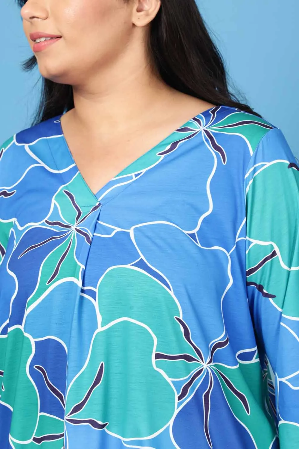 Plus Size Blue Green Abstract Centre Pleat Top